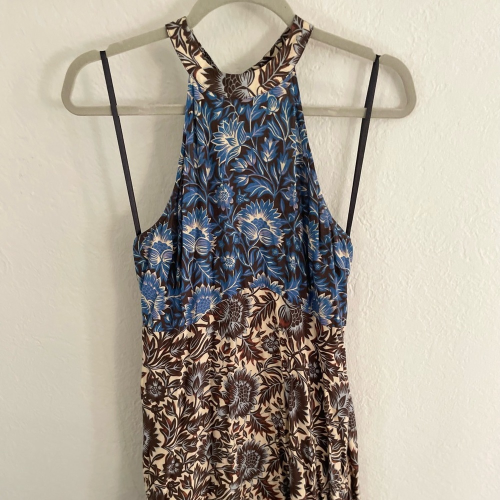 Floral halter mini dress with open back